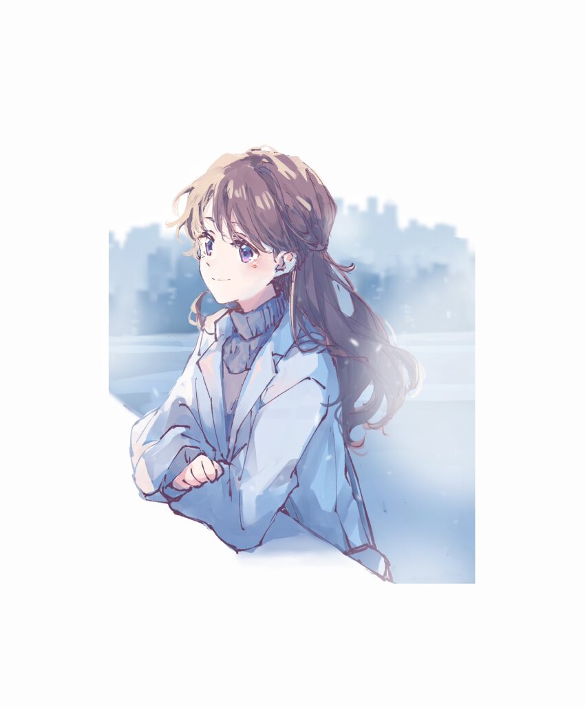 1girl braid brown_hair coat fujishima_megumi grey_sweater half_up_braid half_updo highres l9525 lapels link!_like!_love_live! long_hair long_sleeves love_live! open_clothes open_coat outdoors purple_eyes smile solo sweater turtleneck turtleneck_sweater upper_body virtual_youtuber white_coat