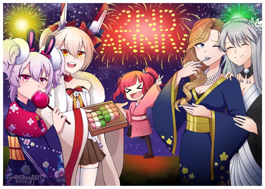 &gt;_&lt; 5girls :d &gt;_&lt; animal_ears arm_up ayanami_(azur_lane) ayanami_(pulse_of_the_new_year)_(azur_lane) azur_lane black_skirt blue_eyes bow breasts brown_hair cleavage commentary dango detached_collar double_bun eating english_commentary enterprise_(azur_lane) fake_animal_ears fireworks food fur_scarf gundam hair_between_eyes hair_bow hair_bun hair_ornament hair_ribbon headgear highres holding holding_plate holding_skewer holding_spoon hood_(azur_lane) japanese_clothes jewelry kimono laffey_(azur_lane) laffey_(snow_rabbit_and_candy_apple)_(azur_lane) long_hair long_sleeves looking_at_viewer multiple_girls necklace new_year night night_sky obi official_alternate_costume open_mouth orange_eyes pearl_necklace plate pleated_skirt ponytail pudding rabbit_ears red_eyes red_hair red_kimono retrofit_(azur_lane) ribbon san_diego_(azur_lane) sash senkou_hanabi sidelocks skewer skirt sky smile sorreinhart sparkler spoon standing standing_on_one_leg twintails utensil_in_mouth v wagashi watermark white_hair white_legwear wide_sleeves xd yukata zeta_gundam