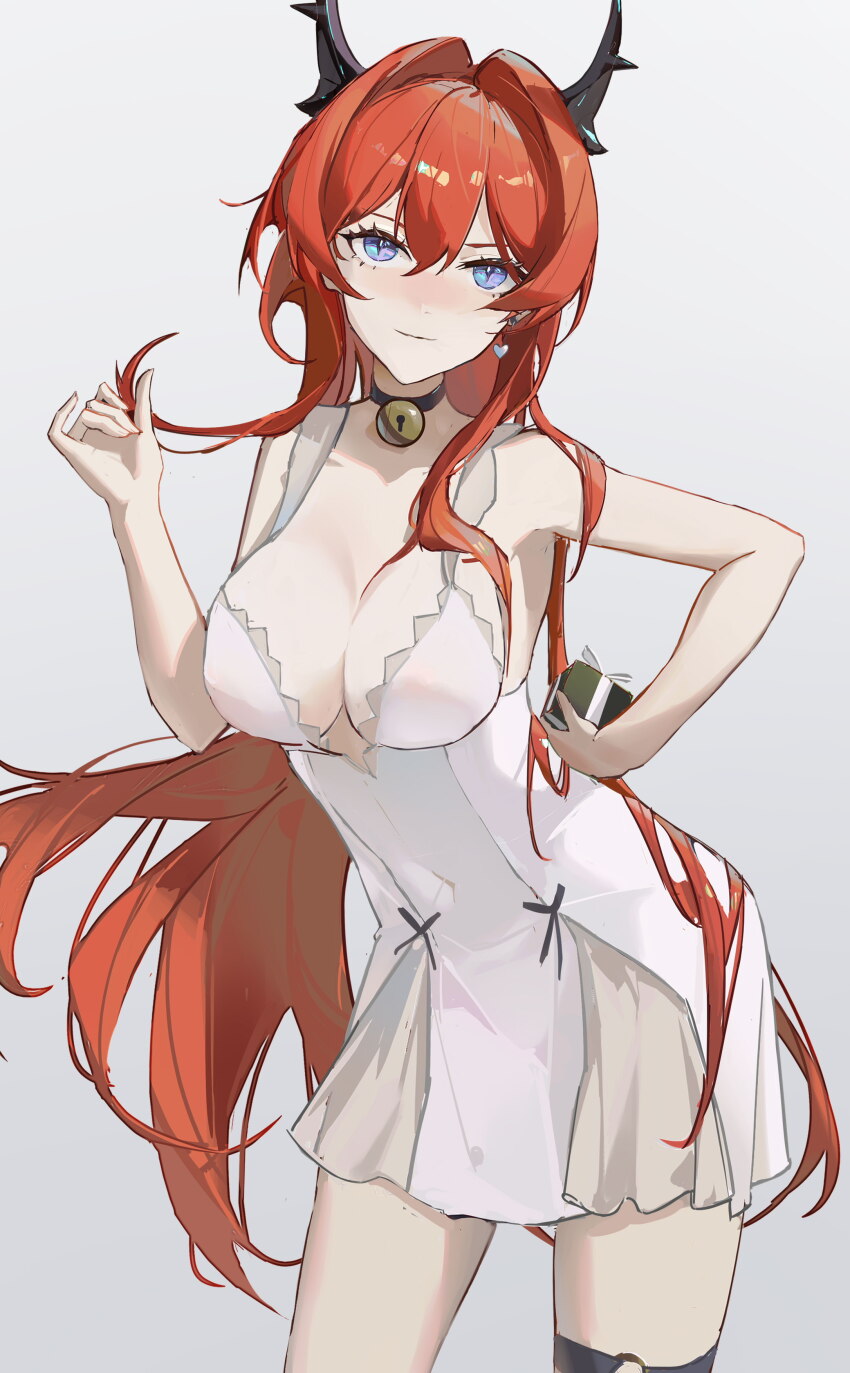 1girl absurdres alternate_costume arknights bare_arms bare_shoulders bell black_collar black_horns black_ribbon blue_eyes blush box breasts center_opening christmas closed_mouth collar commentary contrapposto covered_erect_nipples cowboy_shot demon_girl demon_horns double-parted_bangs dress dress_ribbon earrings embarrassed eyelashes fingernails gift gift_box grey_background hair_between_breasts hair_between_eyes hair_flowing_over hair_intakes hand_in_own_hair hand_on_own_hip hand_up head_tilt heart heart_earrings high-waist_dress highres holding holding_gift horns jewelry jingle_bell light_smile long_fingernails long_hair looking_at_viewer medium_breasts neck_bell nose_blush red_hair refa ribbon short_dress simple_background single_earring sleeveless sleeveless_dress solo standing surtr_(arknights) thigh_strap thighs very_long_hair white_dress