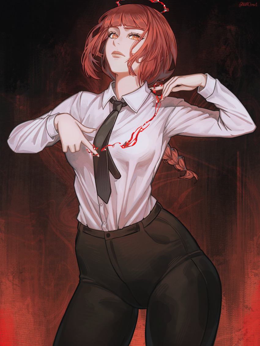 1girl absurdres black_necktie black_pants blood blood_halo braid braided_ponytail chainsaw_man collared_shirt halo highres liquid_halo long_hair long_sleeves looking_at_viewer makima_(chainsaw_man) necktie nivactrov1 pants red_hair ringed_eyes shirt shirt_tucked_in solo white_shirt yellow_eyes