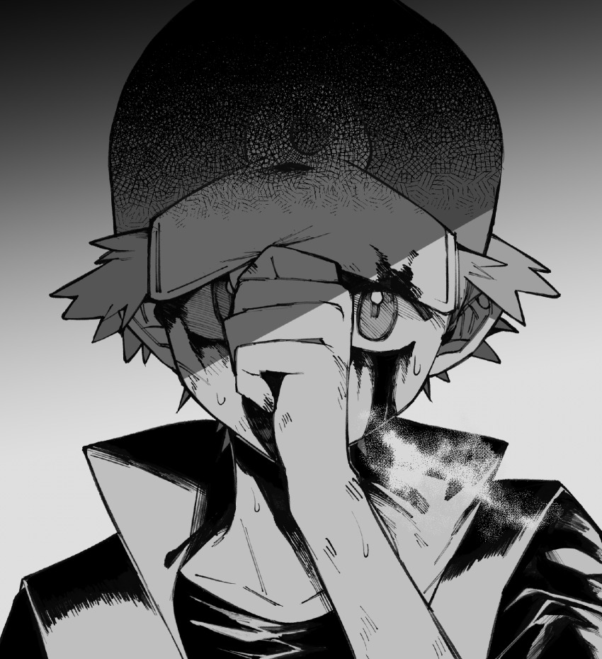 1boy blood blood_on_face blood_on_hat gradient_background greyscale hand_on_headwear hat hei_tai_(kyaputen1) highres looking_at_viewer male_focus monochrome nintendo pokemon pokemon_frlg red_(pokemon) shirt simple_background solo sweat upper_body