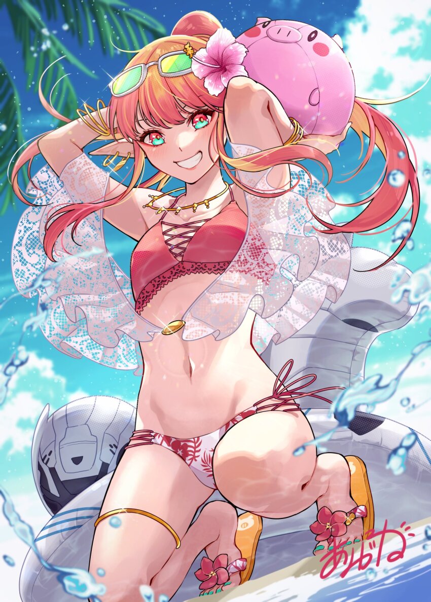 1girl armpits artist_name bare_legs bikini blue_sky bracelet breasts circe_(fate) eyewear_on_head fate/grand_order fate_(series) flip-flops high_ponytail highres holding holding_stuffed_toy ichino_tomizuki jewelry long_hair looking_at_viewer multicolored_bikini multicolored_eyes nail_polish navel open_mouth orange_hair pink_bikini pointy_ears ponytail sandals sky small_breasts smile solo squatting stomach stuffed_animal stuffed_toy summer swimsuit teeth toenail_polish toenails two-tone_bikini two-tone_eyes water white_bikini