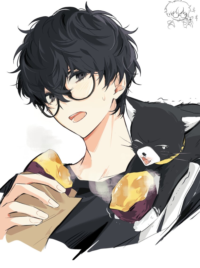 1boy amamiya_ren black-framed_eyewear black_cat black_eyes black_hair black_shirt cat closed_eyes fang food glasses hair_between_eyes highres holding holding_food male_focus mnce_o morgana_(cat)_(persona_5) morgana_(persona_5) multiple_views open_mouth persona persona_5 roasted_sweet_potato shirt simple_background steam sweet_potato tuxedo_cat upper_body white_background