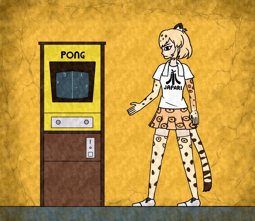 10s 1girl animal_ears arcade_cabinet arm_at_side atari black_eyes blonde_hair brand_name_imitation closed_mouth clothes_writing commentary_request crack egyptian_art female_focus from_side full_body highres jaguar_(kemono_friends) jaguar_ears leopard_print jaguar_tail kemono_friends kita_(7kita) legs_apart pleated_skirt pong profile pun retro_artstyle shirt short_hair short_sleeves skirt solo standing tail thighhighs towel towel_around_neck white_footwear white_shirt yellow_background zettai_ryouiki