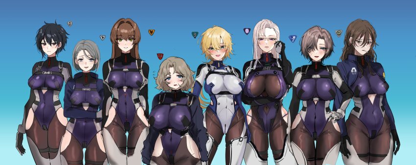 6+girls absurdres armored_core armored_core_vi:_fires_of_rubicon bags_under_eyes blue_eyes bodysuit breasts brown_hair character_request genderswap genderswap_(mtf) gloves highres hominamia large_breasts long_hair medium_breasts multiple_girls pilot_suit purple_bodysuit scar scar_on_face short_hair skin_tight v.i_freud v.ii_snail v.iii_o&#039;keeffe v.iv_rusty v.v_hawkins v.vi_maeterlinck v.vii_swinburne v.viii_pater