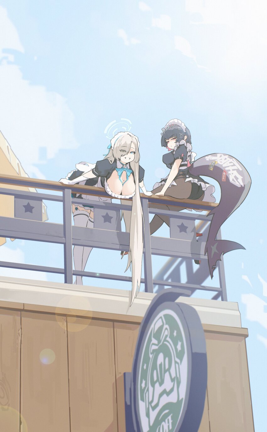 2girls absurdres apron ass asuna_(blue_archive) balcony black_dress black_hair black_panties blonde_hair blue_archive blue_bow blue_bowtie blue_eyes blue_halo bow bowtie breasts cleavage colored_inner_hair dress ellen_joe fins fish_tail frilled_apron frilled_skirt frills gloves hair_ornament hair_over_one_eye hairclip halo highres large_breasts long_hair looking_at_viewer maid maid_apron maid_headdress mole mole_on_breast multicolored_hair multiple_girls panties pantyhose red_eyes red_hair rimeye shark_tail short_hair sitting skirt smile tail thighhighs underwear very_long_hair white_gloves white_thighhighs zenless_zone_zero