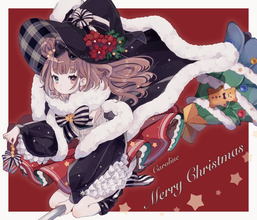 1girl artist_name black_hat bow broom broom_riding brown_hair green_eyes hair_bow hair_bun hand_up hat heterochromia highres jikuno long_hair merry_christmas original red_background red_eyes red_skirt simple_background skirt solo striped_bow sweater witch_hat