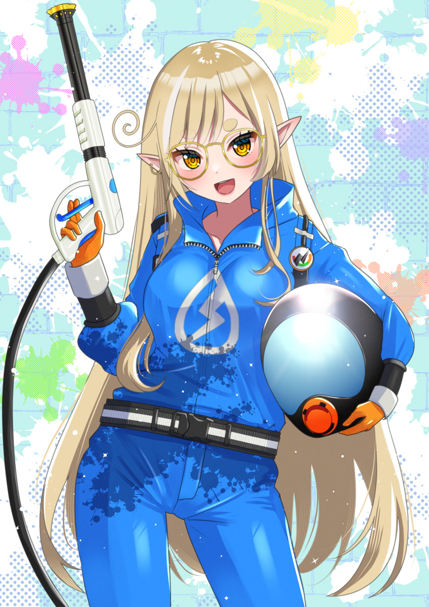 1girl ahoge blonde_hair blue_jumpsuit brick_wall erenshu glasses glitch_stars gloves helmet highres holding holding_unworn_helmet holding_water_gun jumpsuit kanna_yanagi long_hair multicolored_hair open_mouth orange_gloves paint_splatter pointy_ears powerwash_simulator smile solo streaked_hair unworn_headwear unworn_helmet water_gun white_hair yellow_eyes zipper zipper_pull_tab