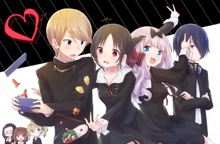 2boys 5girls absurdres black_background black_bow black_dress black_hair black_jacket blonde_hair blue_eyes blunt_bangs bow breasts brown_hair commentary_request crossed_arms double_v dress folded_ponytail fujiwara_chika glasses hair_bow hair_over_one_eye hayasaka_ai headphones headphones_around_neck heart highres holding_bento iino_miko ishigami_yuu jacket kaguya-sama_wa_kokurasetai_~tensai-tachi_no_renai_zunousen~ large_breasts light_blush long_sleeves looking_at_another multiple_boys multiple_girls neck_ribbon nyaa_(nnekoron) opaque_glasses open_clothes open_jacket open_mouth osaragi_kobachi pink_hair red_eyes red_ribbon ribbon round_eyewear school_uniform shinomiya_kaguya shirogane_miyuki shuuchiin_academy_school_uniform side_ponytail sidelocks smile two-tone_background v white_background