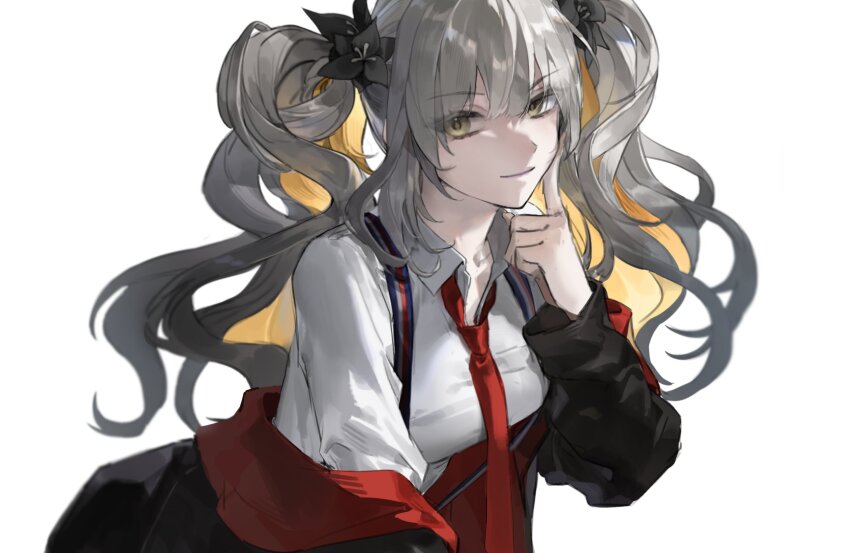 1girl black_jacket blonde_hair closed_mouth colored_inner_hair fate/grand_order fate_(series) flower grey_hair hair_flower hair_ornament highres index_finger_raised jacket long_hair long_sleeves looking_at_viewer marie_antoinette_(fate) marie_antoinette_alter_(fate) multicolored_hair multicolored_jacket necktie open_clothes open_jacket overalls partially_unbuttoned potato_goril red_jacket red_necktie shirt simple_background smile solo suspenders twintails two-tone_hair white_background white_shirt yellow_eyes