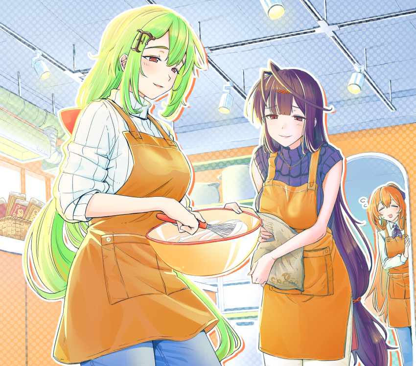 3girls alternate_costume apron bag blush bow breasts closed_eyes closed_mouth denim dsr-50_(girls&#039;_frontline) girls&#039;_frontline green_hair hair_bow hair_ornament hair_ribbon hairclip highres holding holding_bag holding_pot holding_whisk jeans jewelry kitchen letter_hair_ornament lips long_hair looking_away looking_down medium_breasts mk48_(girls&#039;_frontline) multiple_girls necklace official_alternate_costume open_mouth orange_apron orange_hair pants parted_lips pot purple_hair purple_sweater red_eyes ribbon shirt simple_background sleeves_rolled_up smile springfield_(girls&#039;_frontline) standing sweatdrop sweater tarutaru_gungun very_long_hair whisk white_shirt white_sweater
