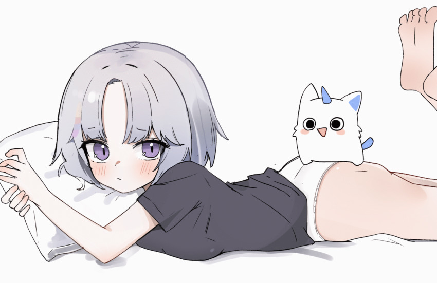 1girl animated animated_gif ass ayatsuno_yuni barefoot black_shirt blush closed_mouth from_side grey_hair hugging_object just_0012 looking_to_the_side lying on_stomach panties pillow pillow_hug purple_eyes shirt short_hair short_sleeves solo stellive underwear virtual_youtuber white_panties