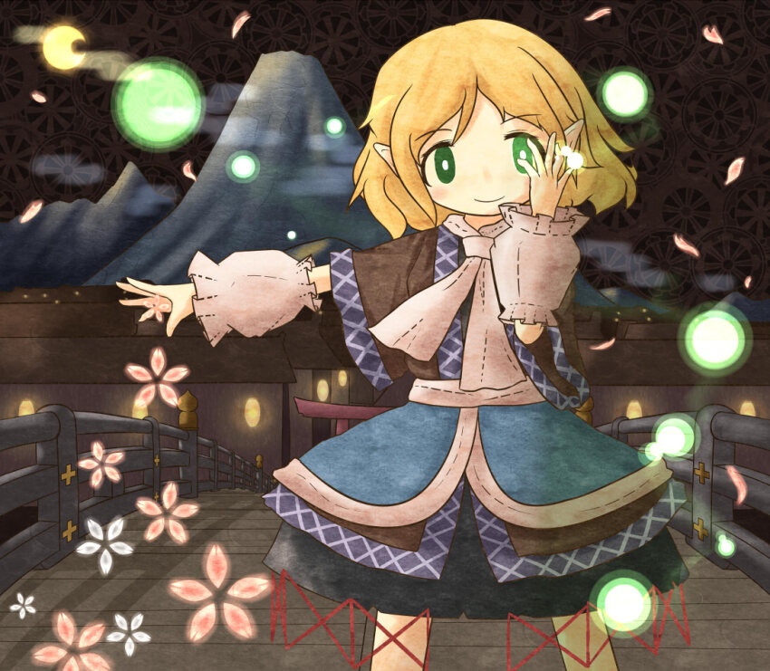 1girl akihiyo architecture arm_warmers black_shirt black_skirt blonde_hair blush bridge bright_pupils brown_background brown_shirt closed_mouth commentary_request cowboy_shot east_asian_architecture falling_petals green_eyes hand_over_eye lantern looking_at_viewer mizuhashi_parsee mountain paper_lantern petals pointy_ears railing sash scarf shirt short_hair short_sleeves skirt smile solo standing torii touhou undershirt white_pupils white_sash white_scarf