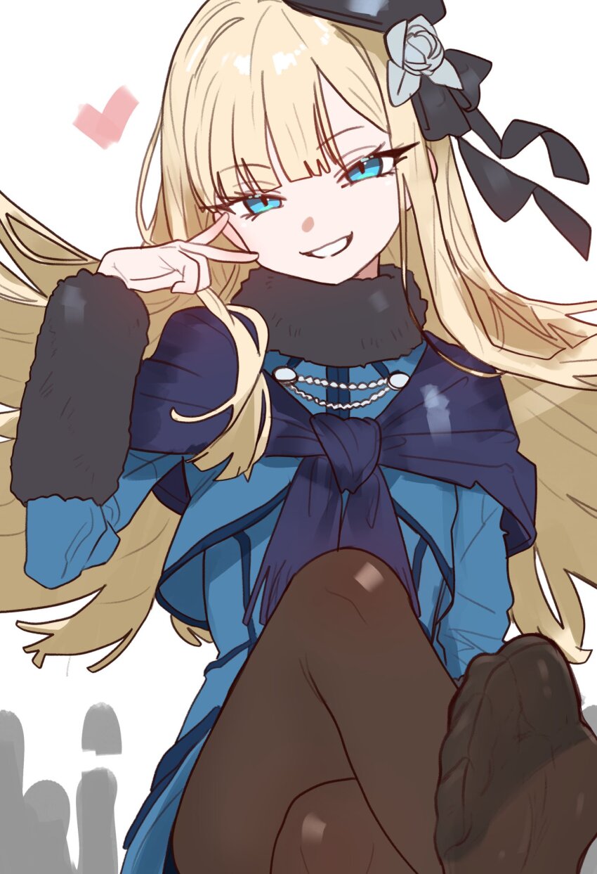 1girl beret black_hat blonde_hair blue_eyes blue_jacket breasts brown_pantyhose crossed_legs ebora fate_(series) feet flower fur_collar grey_flower grey_rose grin hat highres jacket long_hair long_sleeves looking_at_viewer lord_el-melloi_ii_case_files no_shoes pantyhose reines_el-melloi_archisorte rose small_breasts smile solo variant_set