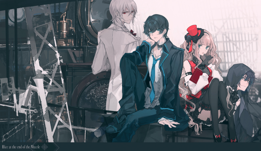 1girl 3boys bell black_bow black_footwear black_gloves black_hair black_jacket black_pants black_thighhighs blonde_hair blue_eyes book bow bowtie cierra_(ra-bit) closed_mouth collar commentary_request frilled_thigh_strap gloves green_eyes hair_between_eyes hair_bow hat holding holding_book hood hood_up jacket long_hair long_sleeves looking_at_viewer mini_hat multiple_boys neck_bell necktie open_clothes open_jacket open_mouth original pants red_eyes red_headwear red_jacket shirt short_hair sitting sleeveless sleeveless_shirt standing thigh_strap thighhighs white_hair white_jacket white_shirt