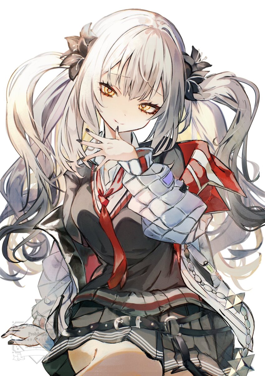 1girl belt black_flower black_hair black_nails breasts fate/grand_order fate_(series) flower fukiya_(fumiakitoyama) gradient_hair grey_hair highres jacket long_hair long_sleeves looking_at_viewer marie_antoinette_alter_(fate) marie_antoinette_(fate) marie_antoinette_alter_(fate) medium_breasts multicolored_hair necktie o-ring o-ring_belt open_clothes open_jacket shirt sidelocks skirt smile solo sweater_vest twintails two-sided_fabric two-sided_jacket two_side_up white_jacket white_shirt yellow_eyes