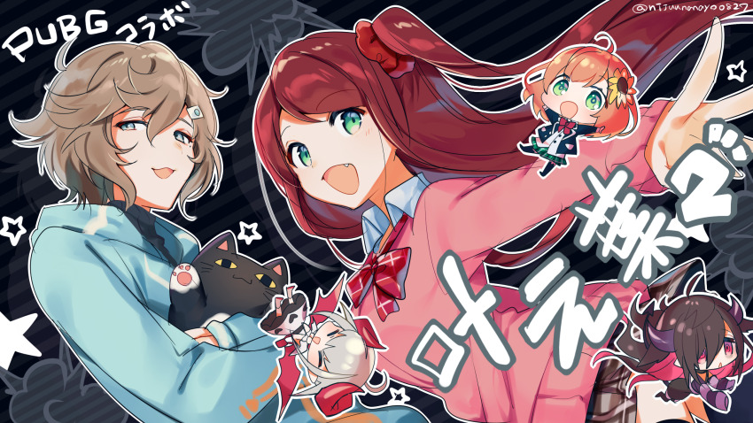 1boy 4girls akabane_youko akabane_youko_(1st_costume) black_hair black_sweater black_thighhighs blazer blue_jacket bow breasts brown_hair chibi demon_girl demon_horns demon_wings dress flower green_eyes green_skirt grey_eyes grey_hair hair_between_eyes hair_flower hair_ornament hair_over_one_eye hair_scrunchie highres honma_himawari honma_himawari_(1st_costume) hood hood_down hooded_jacket horns jacket kanae_(1st_costume)_(nijisanji) kanae_(nijisanji) makaino_ririmu makaino_ririmu_(1st_costume) medium_breasts mini_person minigirl multicolored_hair multiple_girls nijisanji ninahachi one_side_up open_clothes open_jacket orange_hair pink_hair pink_sweater playerunknown&#039;s_battlegrounds pleated_skirt red_bow red_scrunchie red_wings roto_(kanae) scrunchie shirt skirt star_(symbol) sunflower sunflower_hair_ornament sweater swept_bangs thighhighs translation_request turtleneck turtleneck_sweater twitter_username two-tone_hair virtual_youtuber white_dress white_shirt wings yamiyono_moruru yamiyono_moruru_(1st_costume) yellow_flower