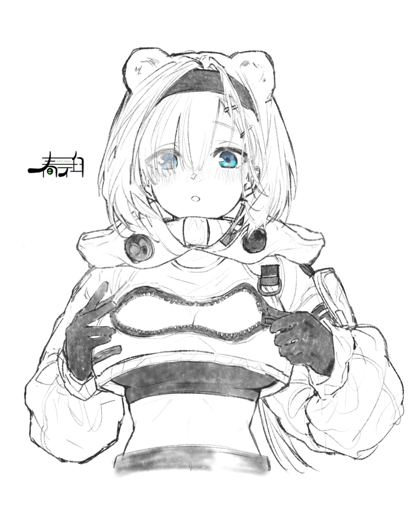 1girl animal_ears arknights aurora_(arknights) bear_ears blue_eyes blush breasts cleavage crop_top cropped_jacket cropped_torso eyes_visible_through_hair gloves hair_over_one_eye hairband harukan_tiusu highres long_sleeves medium_breasts monochrome parted_lips puffy_long_sleeves puffy_sleeves short_hair simple_background solo spot_color upper_body white_background