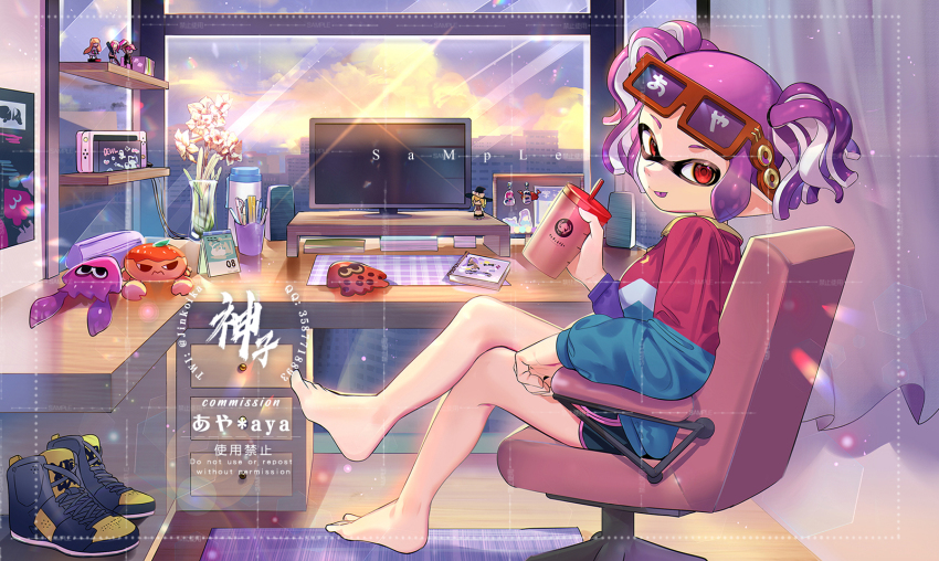 1girl :p amiibo artist_name barefoot black_shorts blue_jacket closed_mouth colored_tongue commentary commission commissioner_name crossed_legs cup disposable_cup dolphin_shorts drinking_straw eyewear_on_head full_body highres holding holding_cup indoors inkling inkling_girl inkling_player_character jacket jinkoika long_sleeves looking_at_viewer multicolored_jacket nintendo nintendo_switch on_chair pink_jacket pointy_ears purple_hair purple_jacket purple_tongue red-framed_eyewear red_eyes sample_watermark short_hair short_twintails shorts sidelocks sitting smile solo splatoon_(series) sunglasses symbol-only_commentary tentacle_hair tongue tongue_out twintails unworn_footwear watermark