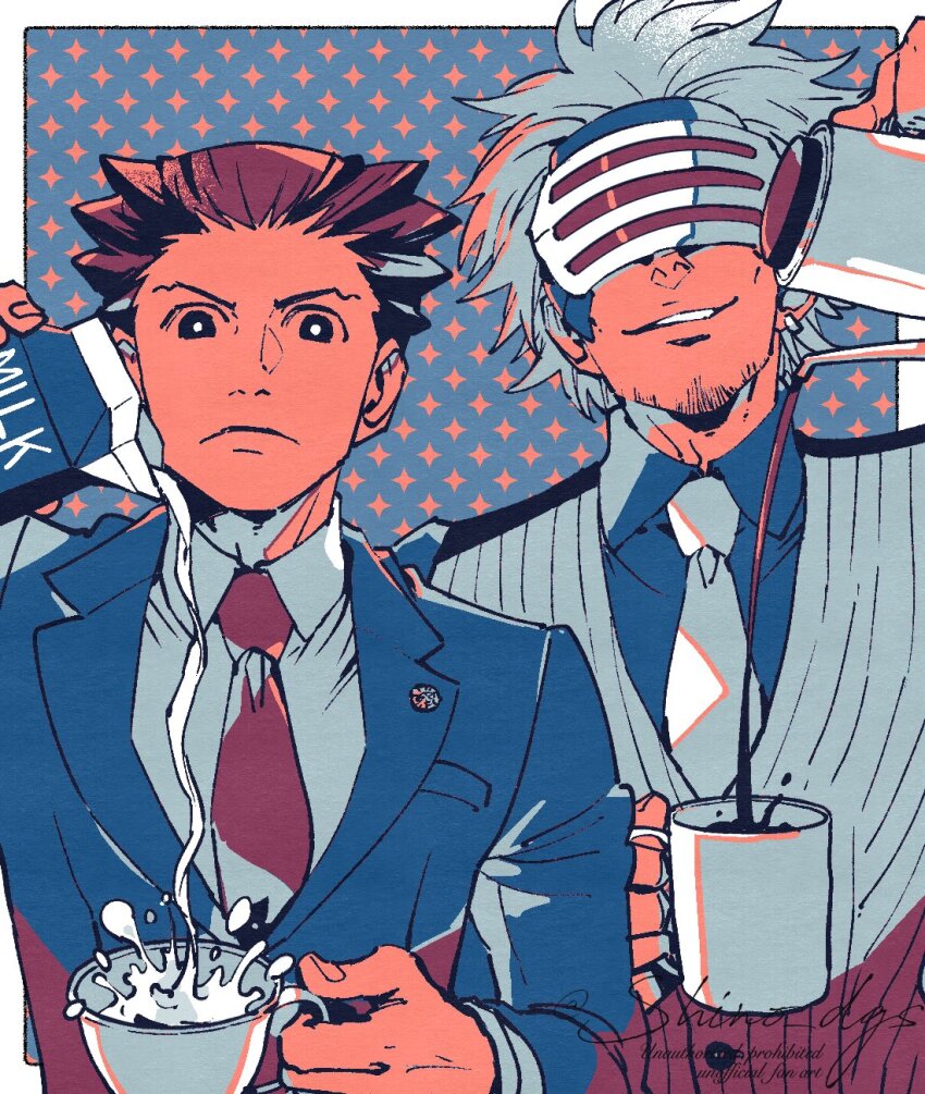 2boys ace_attorney brown_hair coffee_mug cup diego_armando eye_mask facial_hair formal_clothes godot_(ace_attorney) highres milk mug multiple_boys necktie object_behind_ear phoenix_wright phoenix_wright:_ace_attorney_-_trials_and_tribulations pinstripe_pattern pinstripe_vest shino_(shino_dgs) striped_clothes striped_vest suit vest white_hair white_necktie