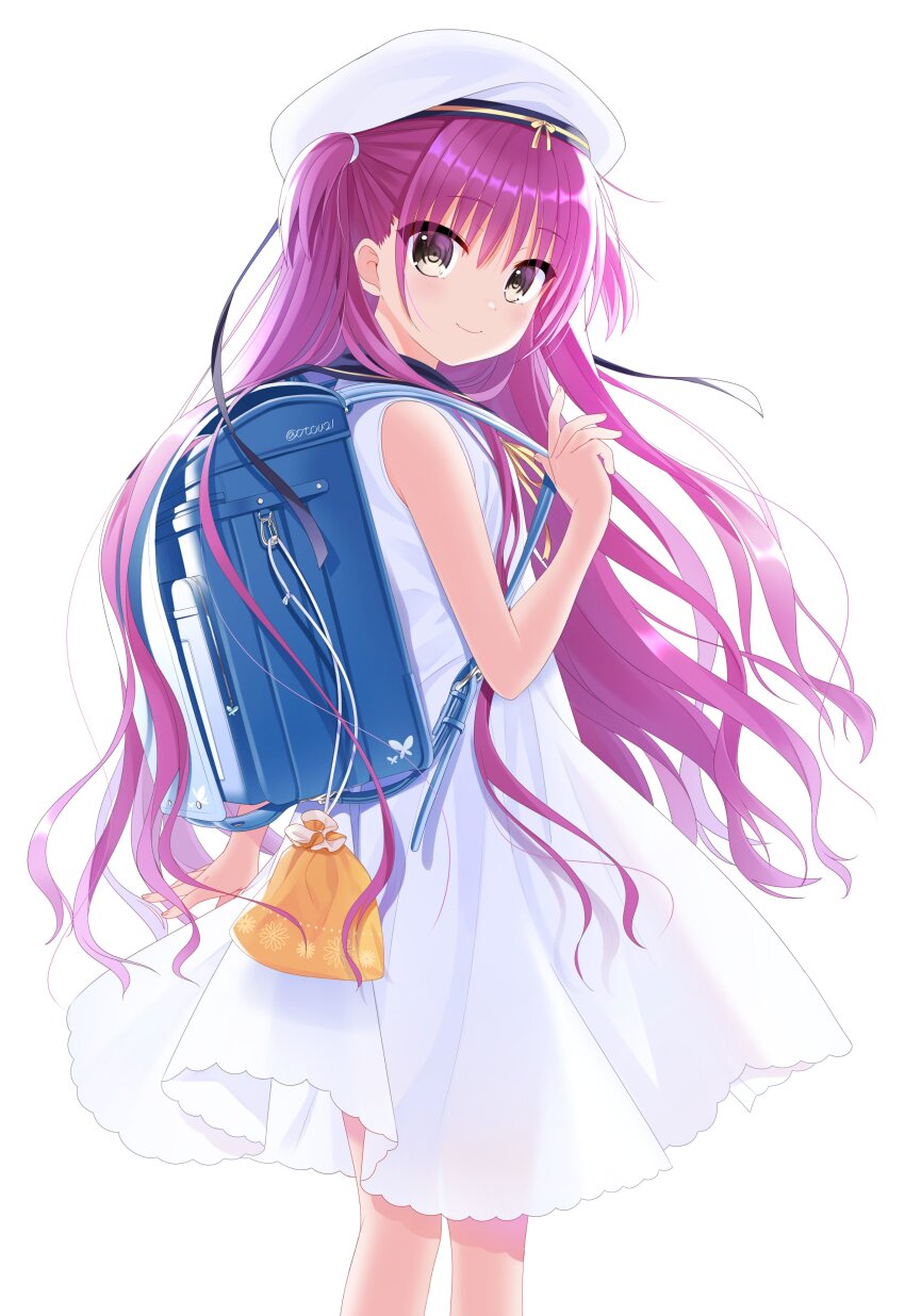 1girl absurdres arm_at_side backpack bag black_ribbon blue_bag blue_sailor_collar blush closed_mouth commentary dress eyes_visible_through_hair feet_out_of_frame fingernails floating_hair from_side grey_eyes hair_between_eyes hair_ribbon hand_up hat highres katou_umi long_dress long_hair looking_at_viewer otou_(otou_san) pink_hair ribbon ringed_eyes sailor_collar sailor_dress sailor_hat simple_background sleeveless sleeveless_dress smile solo standing summer_pockets two_side_up very_long_hair white_background white_dress white_hat yellow_ribbon