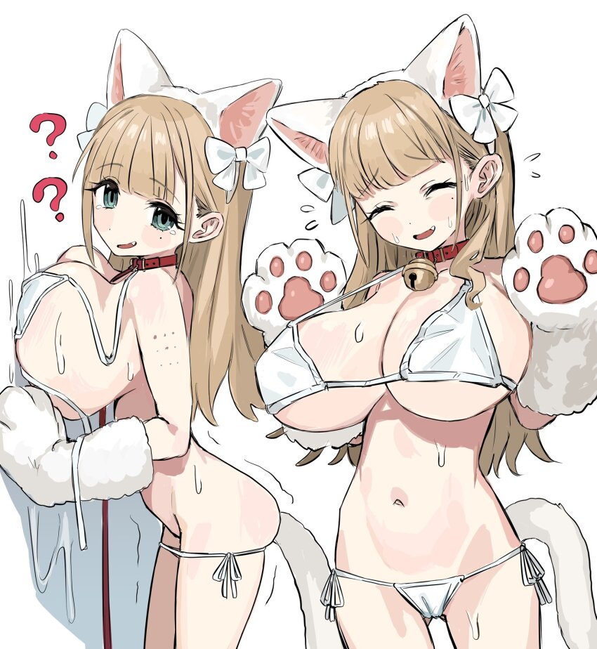 1girl animal_collar animal_ears bell bfmelu bikini breasts brown_hair cat_ears collar green_eyes highres huge_breasts jingle_bell leash long_hair mature_female micro_bikini neck_bell original simple_background swimsuit vaccine_scar white_background white_bikini