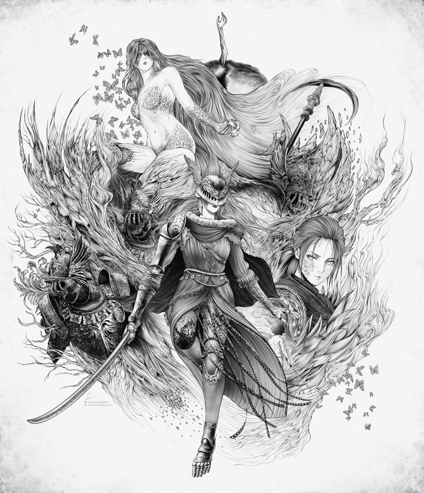 1boy 2girls absurdres amputee artist_name breasts bug butterfly cleanrot_knight cleanrot_knight_finlay closed_mouth completely_nude elden_ring floating_hair greyscale highres holding holding_sword holding_weapon insect instagram_logo instagram_username let_me_solo_her long_hair malenia_blade_of_miquella malenia_goddess_of_rot marvin_(omarvin) medium_breasts millicent_(elden_ring) miquella_(elden_ring) monochrome multiple_girls navel nude ponytail prosthesis signature sword twitter_logo twitter_username weapon