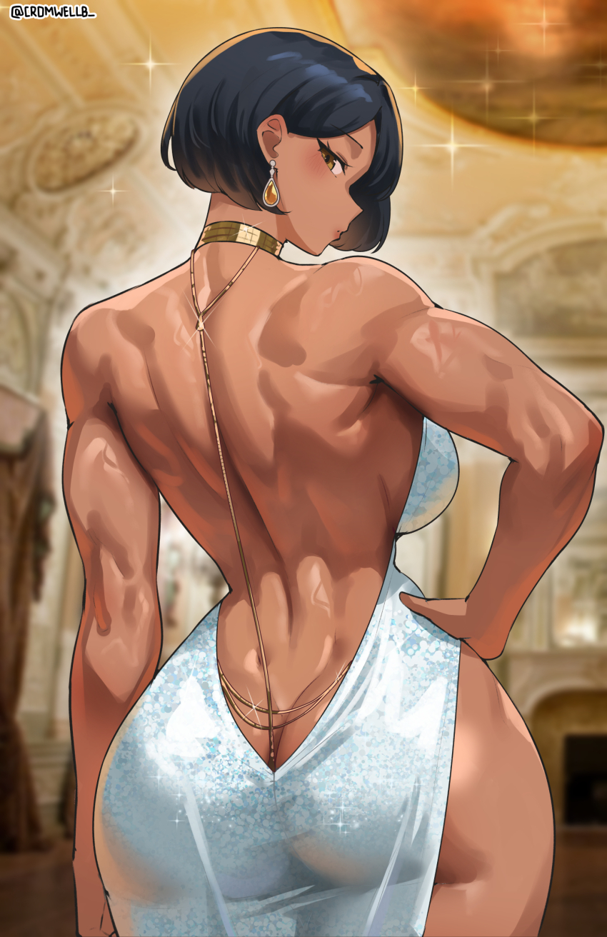 1girl artist_name ass backless_dress backless_outfit black_hair breasts butt_crack cromwellb dark-skinned_female dark_skin dress earrings gluteal_fold hand_on_own_hip highres jewelry large_breasts looking_at_viewer looking_back medium_breasts medium_hair muscular muscular_arms muscular_back muscular_female muscular_legs original shiny_skin short_hair solo thick_thighs thighs toned toned_female wide_hips yellow_eyes