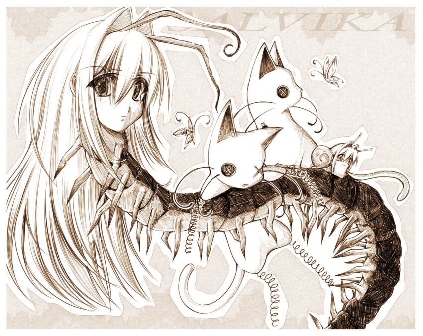 2000s_(style) annika_(ponymoe) antennae arthropod_girl bug butterfly button_eyes buttons cat centipede centipede_girl closed_mouth faux_retro_artstyle hair_intakes insect long_hair original ponymoe sketch smile snail snail_girl spring_(object) tareme whiskers