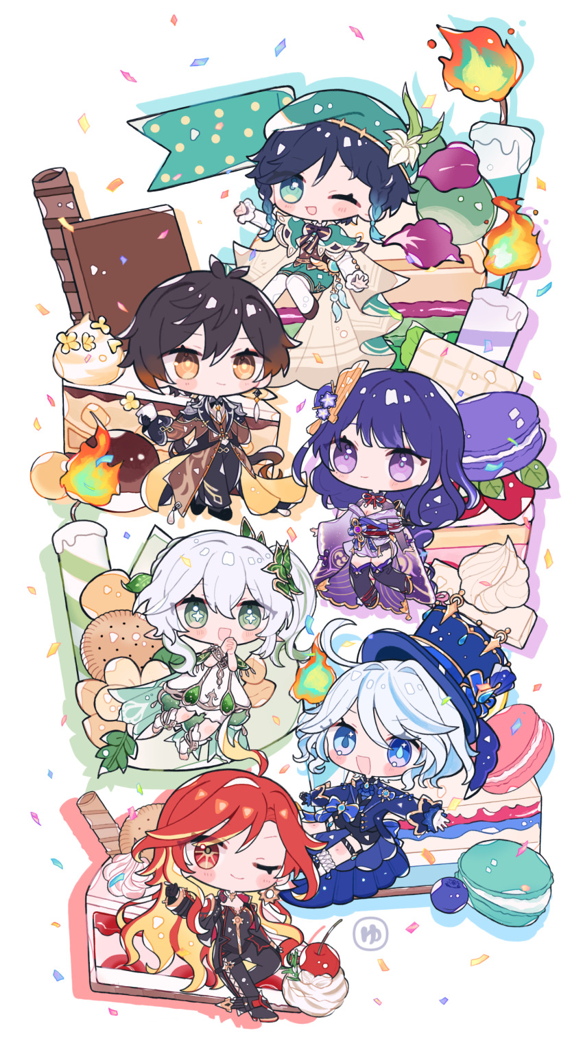 2boys 4girls absurdres ahoge arm_up armor asymmetrical_sleeves biker_clothes bikesuit black_panties black_pants black_suit black_thighhighs blue_eyes blue_hair blue_hat blue_jacket blunt_bangs bodysuit bow bowtie braid bridal_gauntlets brown_footwear brown_hair brown_jacket brown_suit cake candle capelet chibi chibi_only chinese_clothes closed_mouth collared_capelet collared_jacket commentary_request confetti detached_collar dress fire food formal_clothes friends furina_(genshin_impact) genshin_impact gradient_hair green_capelet green_eyes green_hat green_shorts hair_ornament hands_up happy hat highres huge_ahoge jacket japanese_clothes kimono knee_up knees_together_feet_apart leaning_back light_blush light_smile long_braid long_hair long_sleeves looking_at_viewer looking_to_the_side mavuika_(genshin_impact) mitsudomoe_(shape) mole mole_under_eye multicolored_hair multiple_boys multiple_girls nahida_(genshin_impact) neck_ribbon off_shoulder one_eye_closed open_mouth orange_eyes own_hands_together panties pants pantyhose poe_www purple_eyes purple_hair purple_kimono raiden_shogun red_eyes red_hair red_ribbon ribbon sash short_hair shorts shoulder_armor side_ponytail single_braid sitting streaked_hair suit sun_symbol sweets symbol-shaped_pupils thighhighs thighs tomoe_(symbol) underwear uneven_sleeves venti_(genshin_impact) wagashi wavy_hair white_dress white_hair white_pantyhose wide_sleeves zhongli_(genshin_impact)