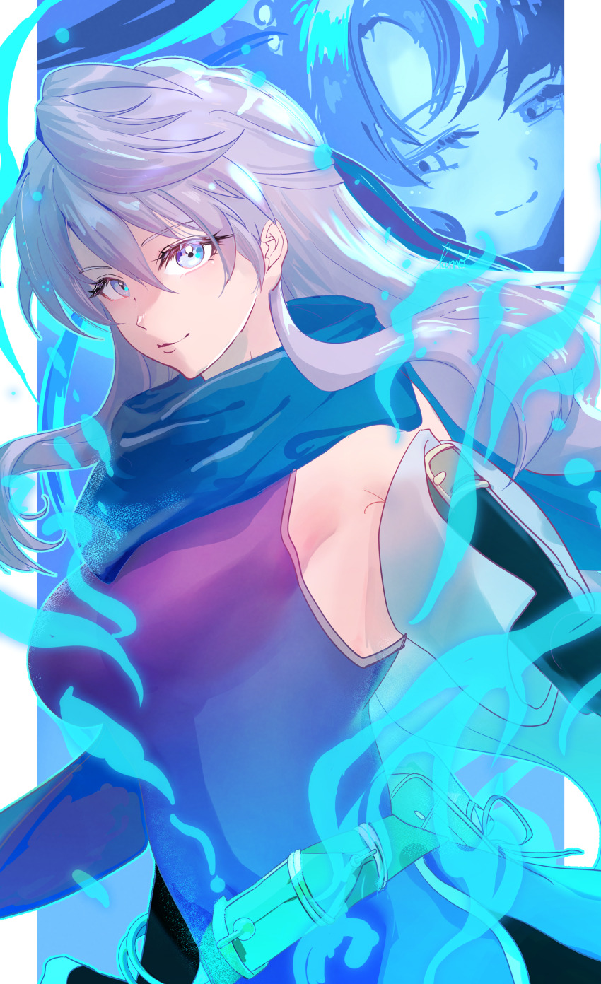 1girl absurdres alternate_eye_color bare_shoulders belt black_gloves blue_eyes blue_fire blue_scarf breasts cowboy_shot detached_sleeves dress elbow_gloves fire fire_emblem fire_emblem:_radiant_dawn fire_emblem_engage fire_emblem_heroes gloves grey_hair hair_ribbon half_updo highres long_hair looking_at_viewer medium_breasts micaiah_(fire_emblem) nanashi_kuno nintendo purple_eyes ribbon scarf sleeveless sleeveless_dress smile solo