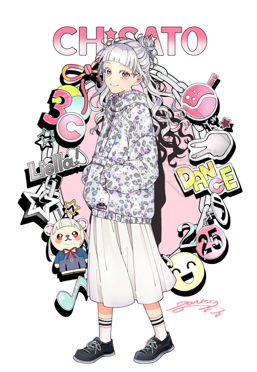 1girl alternate_costume alternate_hairstyle animal_print arashi_chisato arched_bangs black_shoes blue_jacket blush character_logo character_name closed_mouth commentary_request dress eighth_note full_body grey_dress hair_bun half_updo hands_in_pocket highres hood hoodie jacket leopard_print long_hair long_sleeves looking_at_viewer love_live! love_live!_superstar!! musical_note neck_ribbon official_art open_clothes open_jacket pinafore_dress pink_background pink_eyes pleated_dress ponko517 print_hoodie red_ribbon ribbon school_uniform shirt shoes short_dress single_hair_bun sleeveless sleeveless_dress smile sneakers socks solo standing watermark wavy_hair white_hair white_shirt white_socks winter_uniform yuigaoka_school_uniform