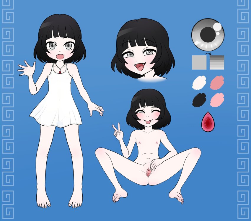 1girl :d ;p artist_request bad_id bad_twitter_id barefoot black_hair blue_background blunt_bangs blush borrowed_character color_guide commentary commission completely_nude dress english_commentary fangs feet grey_eyes hand_up heart heart-shaped_pupils highres jewelry loli looking_at_viewer multiple_views navel necklace nipples nude one_eye_closed open_mouth original pussy reference_sheet ririsu_shinonome_(ririsu) see-through_clothes see-through_dress short_hair simple_background sitting sleeveless sleeveless_dress smile spread_pussy standing symbol-shaped_pupils teardrop_necklace toes tongue tongue_out uncensored v vampire variant_set white_dress