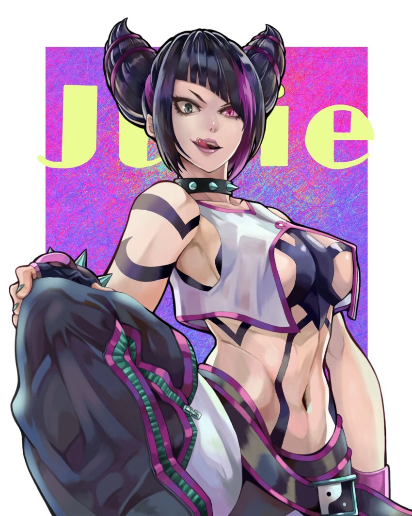 1girl abs belt bracelet breasts capcom choker covered_erect_nipples drill_hair fighting_stance han_juri heterochromia highres jewelry large_breasts licking_lips looking_at_viewer navel solo spiked_bracelet spikes street_fighter street_fighter_6 to-ru toned tongue tongue_out twin_drills yin_yang