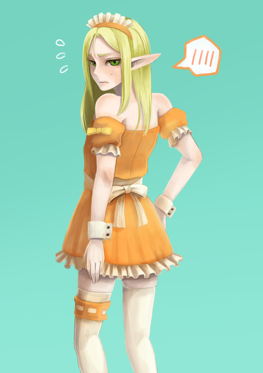 1boy absurdres blonde_hair blush crossdressing crossdressing_(mtf) dress elf erik_burton from_behind green_eyes highres long_hair looking_back maid_headdress male_focus pointy_ears pop-up_story simple_background sketch skirt solo spoken_blush sweatdrop thighhighs trap umino_kiri white_thighhighs wrist_cuffs