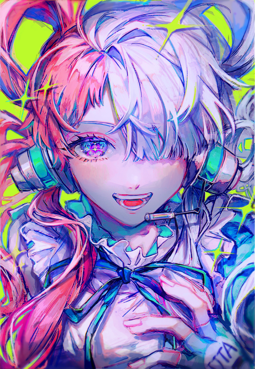 1girl :d absurdres asymmetrical_bangs blue_gloves blue_ribbon character_name clothes_writing commentary dress eyebrows_hidden_by_hair fingerless_gloves fingernails gloves hair_over_one_eye hair_rings hand_up headset highres looking_at_viewer multicolored_hair neck_ribbon one_eye_covered one_piece one_piece_film:_red oo6 open_mouth purple_eyes red_hair ribbon smile solo sparkling_eyes teeth tongue two-tone_hair upper_body uta_(one_piece) white_dress white_hair