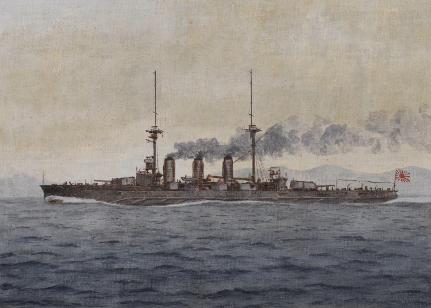 absurdres acrylic_paint_(medium) atelier_bono cannon cloud cruiser highres ibuki_(armored_cruiser) imperial_japanese_army mast military_vehicle no_humans ocean original painting_(medium) ship ship_turret sky smoke smokestack traditional_media vehicle_focus warship watercraft