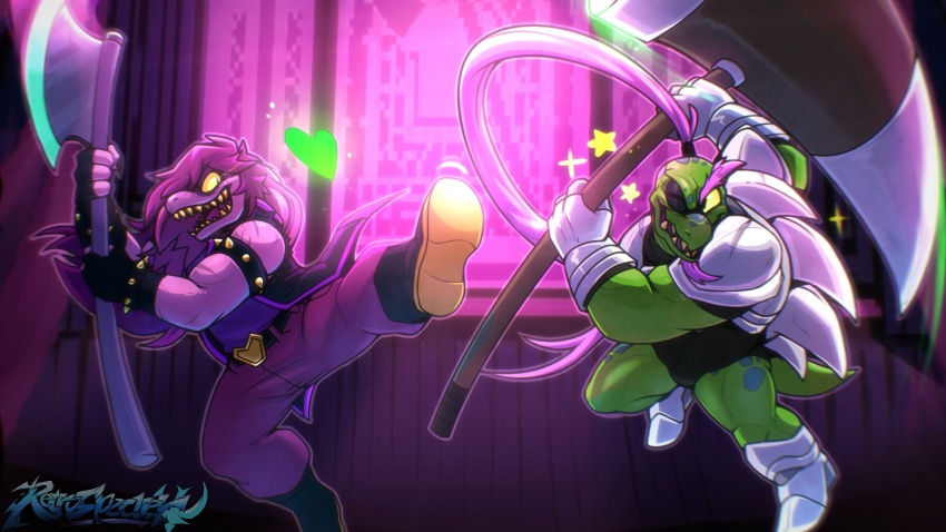 1boy 1girl armlet armor artist_name axe backlighting battle_axe belt_buckle black_boots black_gloves black_nails boots bracelet buckle clash colored_sclera colored_skin colored_teeth constricted_pupils crazy_smile deltarune duel excited fingerless_gloves fingernails freckles furry furry_female gauntlets gerson gloves glowing_heart gold_buckle hammer highres holding holding_axe holding_hammer holding_weapon huge_weapon jewelry jumping leg_armor leg_up long_hair muscular muscular_female muscular_male one_eye_closed pants pauldrons pink_hair pink_pants pink_skin ponytail purple_hair purple_shirt purple_skin reptile_girl retrospecter sabaton scar sharp_fingernails sharp_teeth shirt shoulder_armor sleeveless sleeveless_jacket slit_pupils smile sparkle spiked_armlet spiked_armor spiked_bracelet spikes stained_glass susie_(deltarune) teeth thick_eyebrows torn_clothes torn_sleeves turtle_boy very_long_hair weapon yellow_sclera yellow_teeth