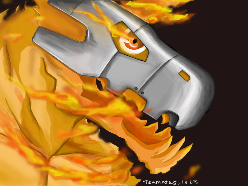 artist_name artist_request claws digimon digimon_(creature) dragon fire flarelizamon glowing helmet highres looking_to_the_side open_mouth red_eyes sharp_teeth teeth