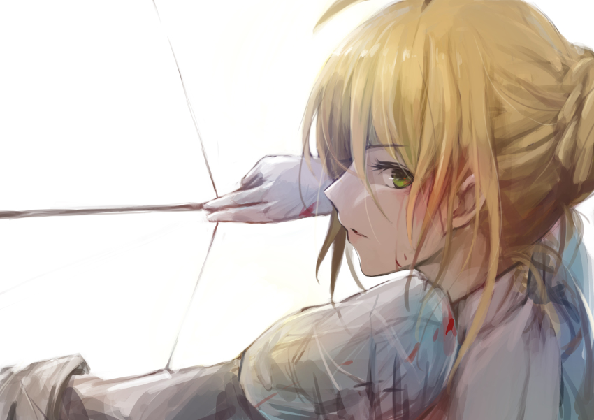 1girl absurdres ahoge artoria_pendragon_(fate) blonde_hair blood blood_on_face bow_(weapon) braid chinese_commentary commentary_request fate/stay_night fate_(series) from_side gloves green_eyes hair_between_eyes hair_bun highres holding holding_bow_(weapon) holding_weapon long_sleeves looking_at_viewer medium_hair parted_lips pugwit saber_(fate) simple_background single_hair_bun solo weapon white_background white_gloves