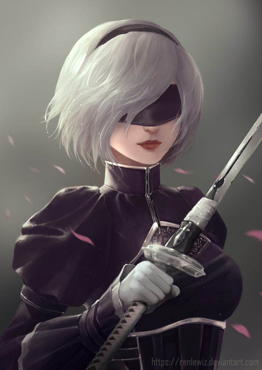 1girl 2b_(nier:automata) absurdres android arm_up artist_name black_blindfold black_dress black_hairband blindfold blue_eyes breasts cherry_blossoms cleavage_cutout clenched_hand closed_mouth clothing_cutout commentary cosplay covered_eyes deviantart_username dres dress facing_viewer female_focus gloves grey_background grey_gloves grey_hair hair_over_one_eye hairband highres holding holding_sword holding_weapon joints juliet_sleeves katana lewiz_ren lips long_sleeves looking_at_viewer medium_breasts mole mole_under_mouth nier:automata nier_(series) nose petals pink_lips pink_petals puffy_sleeves red_lips robot_joints short_hair signature solo sword turtleneck turtleneck_dress upper_body vambraces watermark weapon web_address white_gloves zipper