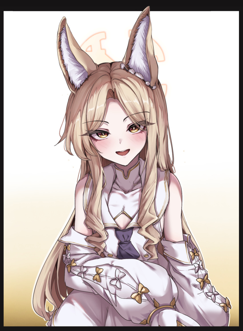 1girl absurdres animal_ear_fluff animal_ears ascot bare_shoulders blonde_hair blue_archive blue_ascot blush chanwoo detached_sleeves dress flower fox_ears fox_girl hair_flower hair_ornament highres long_hair open_mouth parted_bangs seia_(blue_archive) sidelocks solo teeth upper_teeth_only white_dress white_flower yellow_eyes