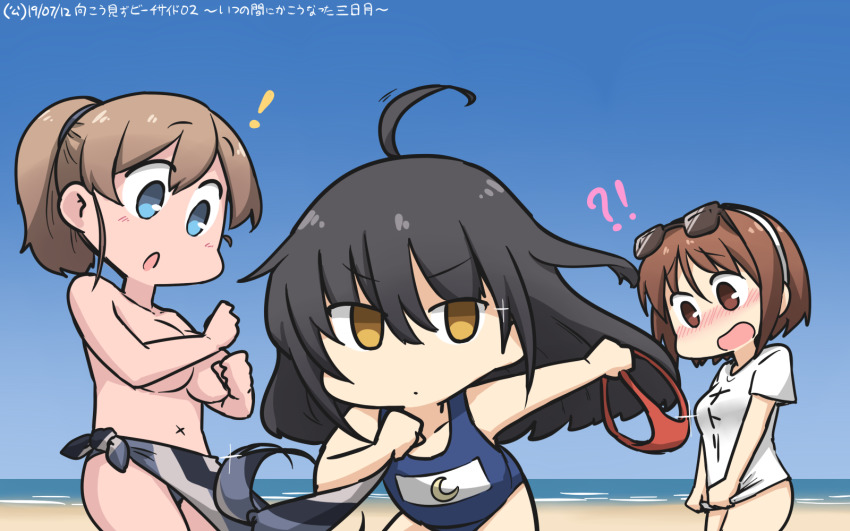 ! !? 3girls ahoge beach bikini black_hair blue_eyes blue_one-piece_swimsuit blue_sky breasts brown_eyes brown_hair clothes_pull clothes_theft clothes_writing commentary cowboy_shot crescent dated day eyewear_on_head flat_chest hairband hamu_koutarou highres intrepid_(kancolle) kantai_collection large_breasts long_hair medium_breasts mikazuki_(kancolle) multiple_girls name_tag natori_(kancolle) one-piece_swimsuit outdoors ponytail sarong school_swimsuit shirt shirt_pull short_hair sky sparkle sunglasses swimsuit swimsuit_theft t-shirt theft topless_female translated white_hairband x_navel