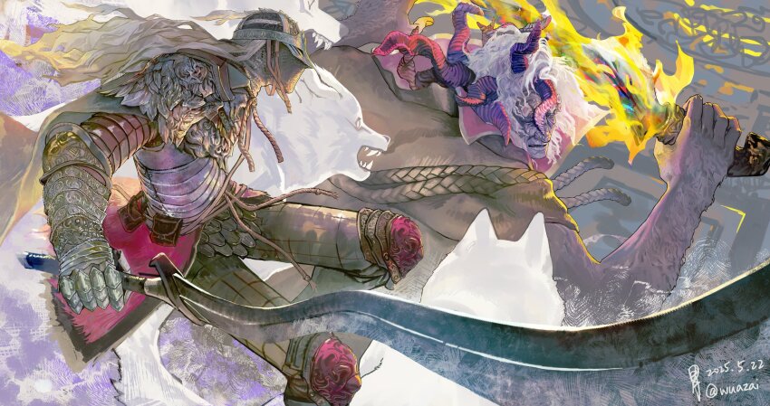 2boys absurdres animal armor bare_arms bloody_wolf_(elden_ring) cape cropped_legs dated elden_ring fire foreshortening from_side gauntlets helmet highres holding holding_sword holding_weapon horns in-universe_location long_hair messy_hair morgott_the_omen_king multiple_boys perspective short_hair signature sword tarnished_(elden_ring) twitter_username weapon white_hair wolf wuazai
