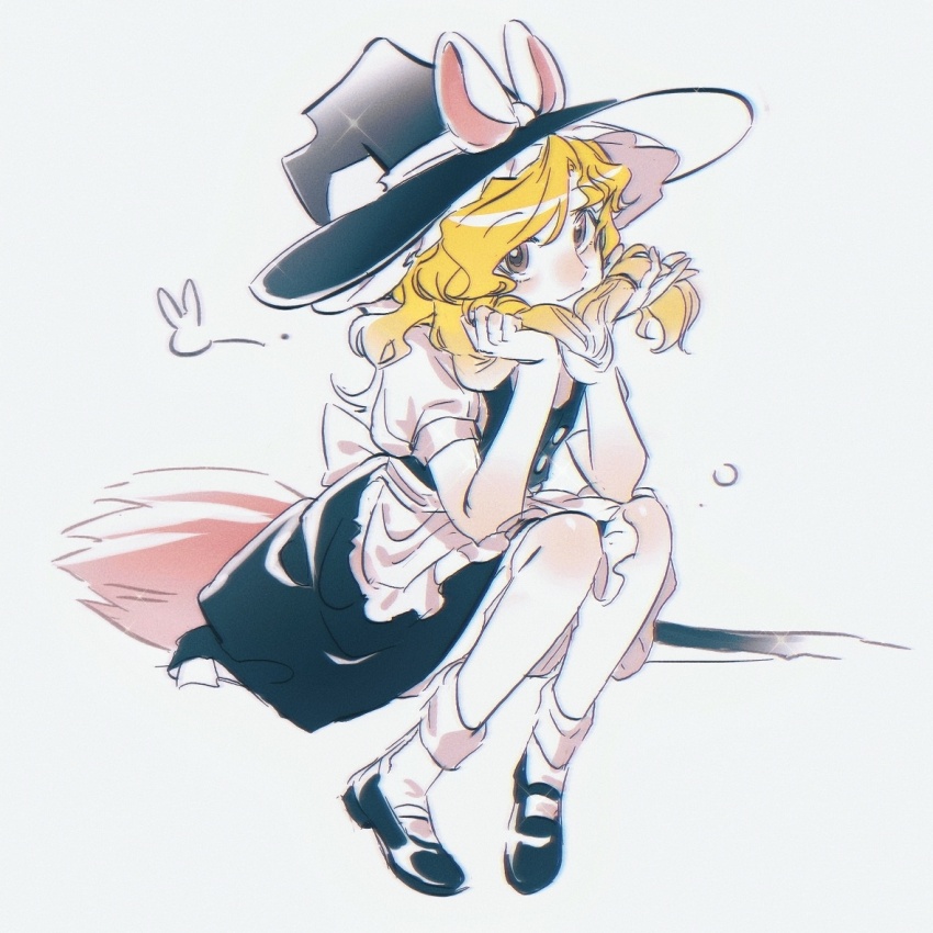 1girl apron black_shoes black_skirt black_vest blonde_hair broom broom_riding brown_hair chinese_commentary chromatic_aberration closed_mouth commentary_request film_grain frilled_apron frills jibao kirisame_marisa long_hair mary_janes puffy_short_sleeves puffy_sleeves shirt shoes short_sleeves simple_background sitting skirt smile socks solo touhou vest waist_apron white_apron white_background white_shirt white_socks