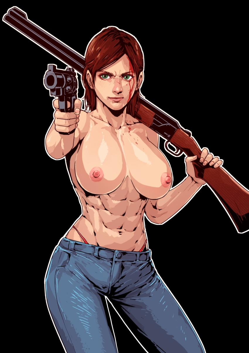 1girl abs absurdres aged_up alternate_breast_size black_background blood blood_on_face blue_pants breasts brown_hair cirenk cleavage collarbone commentary commission covered_erect_nipples dark_background denim dual_wielding ellie_(the_last_of_us) english_commentary finger_on_trigger fingernails green_eyes gun handgun highleg highleg_panties highres holding holding_gun holding_weapon injury jeans large_breasts lips medium_hair midriff navel nipples no_shirt nose outline over_shoulder panties pants pistol red_panties revolver second-party_source shotgun simple_background solo the_last_of_us the_last_of_us_(series) the_last_of_us_2 topless_female underwear weapon weapon_over_shoulder white_outline