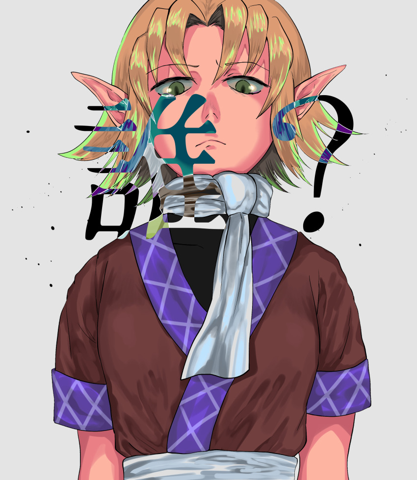 1girl ? absurdres babus_(nicoseiga56306120) bad_id bad_nicoseiga_id black_shirt blonde_hair brown_jacket closed_mouth commentary_request cookie_(touhou) green_eyes highres inverted_colors jacket joker_(cookie) looking_at_viewer mizuhashi_parsee multicolored_jacket parted_bangs pointy_ears sash scarf shirt short_hair solo touhou upper_body white_background white_sash white_scarf