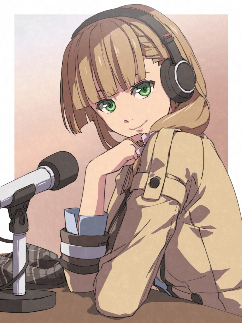 1girl brown_coat brown_hair chiharu_(9654784) coat eiyuu_densetsu green_eyes hat headphones highres kuro_no_kiseki_(series) kuro_no_kiseki_i looking_at_viewer low_ponytail marielle_ayme microphone plaid_hat ponytail solo unworn_hat unworn_headwear