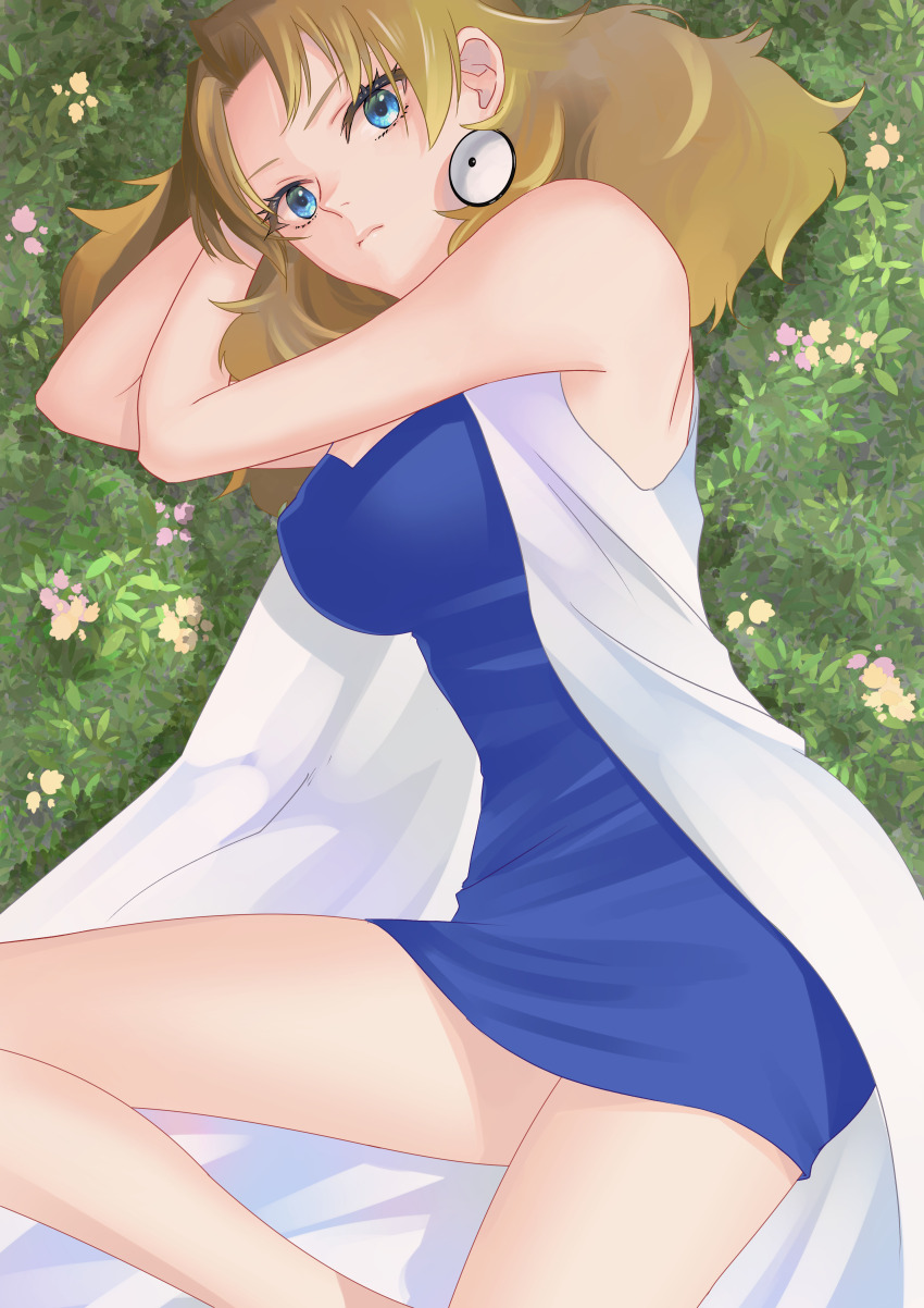 1girl absurdres aged_up blue_dress blue_eyes breasts brown_hair coat commission dress earrings highres jewelry large_breasts looking_at_viewer lying molly_hale nintendo on_ground pixiv_commission pokemon pokemon_(anime) pokemon_(classic_anime) pokemon_3:_the_movie_-_spell_of_the_unown:_entei short_dress sleeveless sleeveless_coat sleeveless_dress solo vuipui white_coat