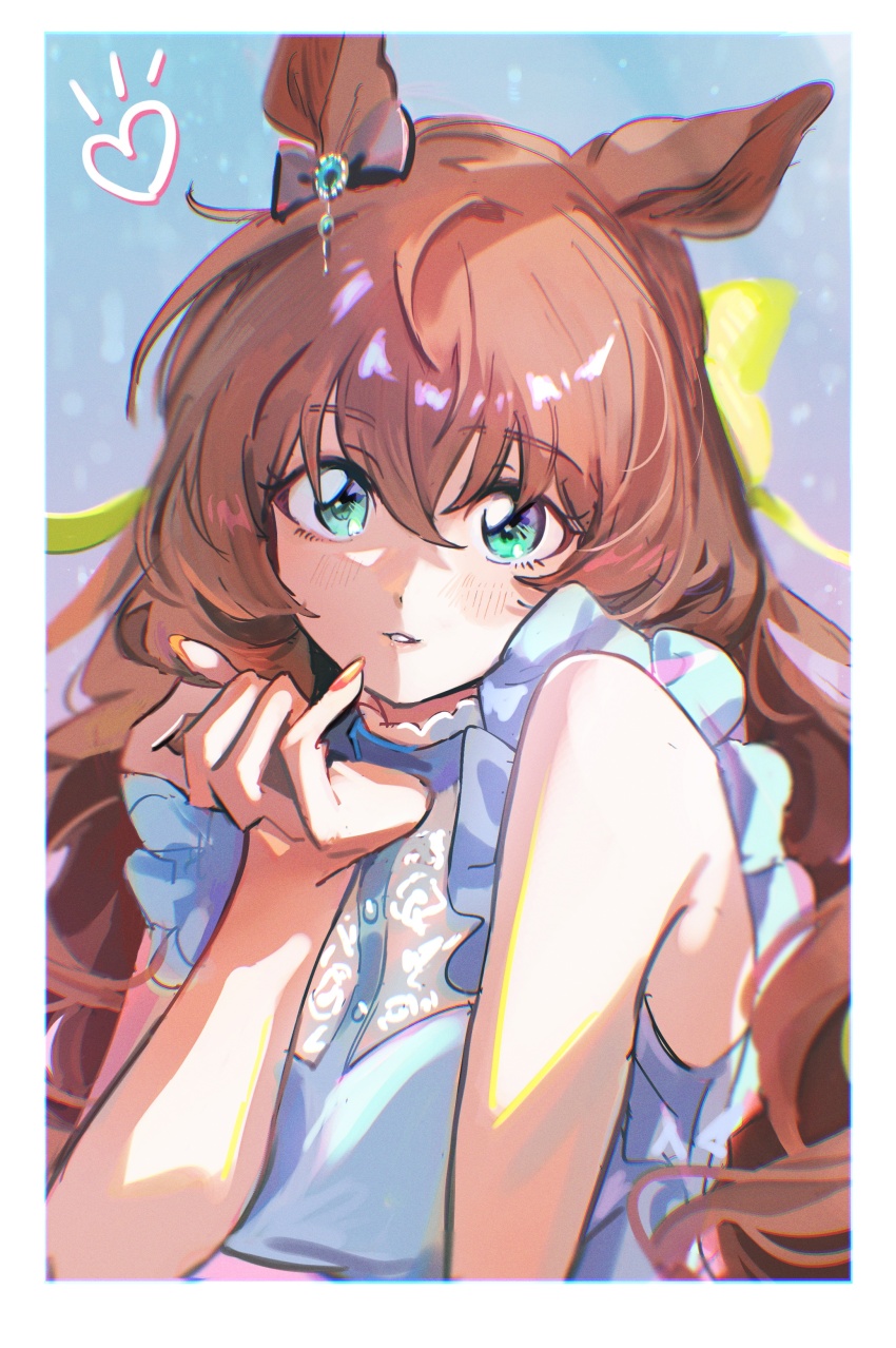 1girl absurdres animal_ears bare_shoulders blue_shirt bojue_(hakus_1128) border bow breasts brown_hair ear_ribbon fingernails frills green_eyes hair_between_eyes hand_up heart highres horse_ears horse_girl large_breasts long_hair looking_at_viewer maruzensky_(umamusume) parted_lips shirt sleeveless sleeveless_shirt solo umamusume upper_body white_border